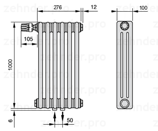 Схема (чертеж) Радиатор Zehnder Charleston 3100/6 №V007 Белый глянцевый RAL 9016